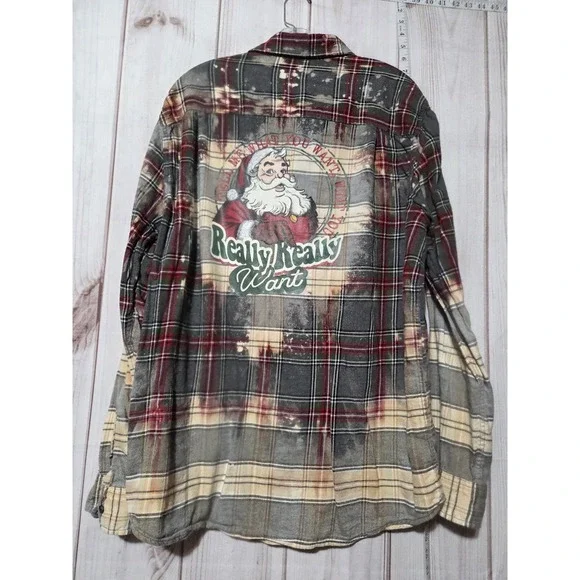 Christmas Flannel Shirt Mens 3XL Plaid Bleach Santa Tell Me What You Want Grunge - Picture 4 of 8